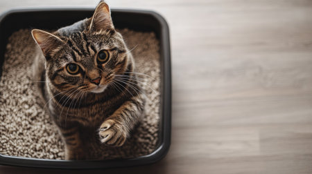 Top view of a cat with its front paws in a litter box, leaving ample space on the right side for copy, with a clean, neutral background.の素材