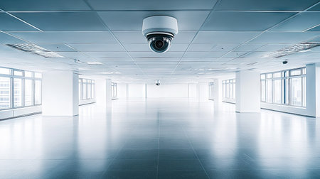 Top view of a closed-circuit camera on the ceiling of a large, empty room, with copy space available in the open floor area.の素材