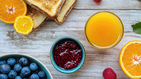Top view of a breakfast table featuring a glass of orange juice, toast with jam, and a bowl of fresh fruit on a light wooden surface.の素材