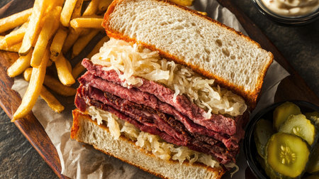 Top view of a classic Reuben sandwich with corned beef, sauerkraut, and Swiss cheese, served with a side of pickles and fries.の素材