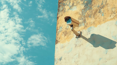 Top view of a closed-circuit camera mounted on an outdoor wall, with the sky providing a wide area of copy space for promotional text.の素材