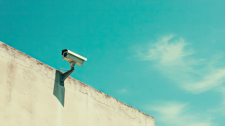 Top view of a closed-circuit camera mounted on an outdoor wall, with the sky providing a wide area of copy space for promotional text.の素材