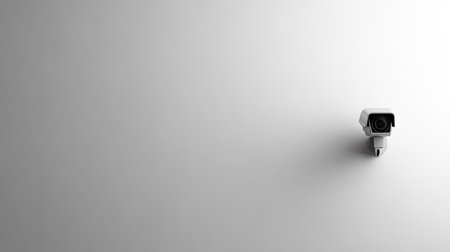 Top view of a closed-circuit camera mounted on a blank white wall, with ample space for text or logos on the right, ideal for security-themed promotions.の素材