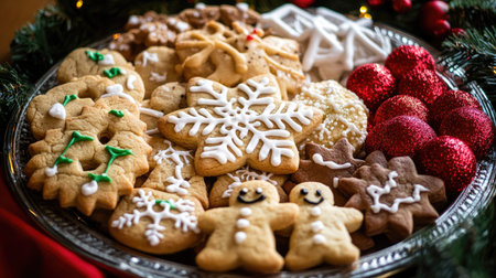 Top view of a cookie platter with an assortment of holiday-themed cookies, including gingerbread men and snowflakes.の素材