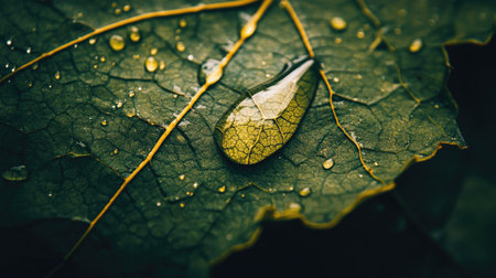 Top view of a dew-covered leaf with a single large water droplet, leaving the top half of the image open for copy space, perfect for nature or wellness designs. -の素材