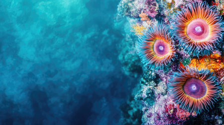Top view of a colorful sea anemone on the ocean floor, with an empty space on the right side for adding text or promotional information.の素材
