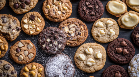 Top view of a cookie assortment including macadamia nut, chocolate chip, and sugar cookies, with a sprinkle of powdered sugar.の素材