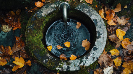 Top view of a dripping tap in a rustic outdoor setting, with water falling into an old metal basin, surrounded by moss and fallen leavesの素材