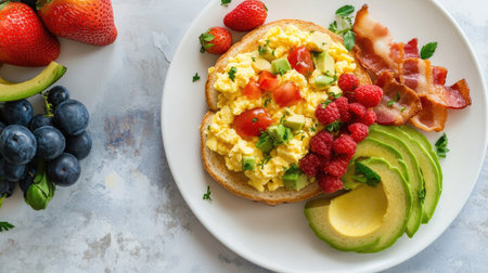 Top view of a colorful breakfast sandwich with scrambled eggs, bacon, and avocado, served on a white plate with a side of fresh fruit.の素材