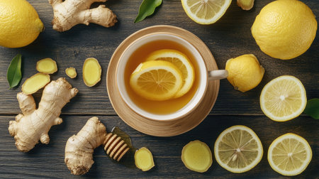 Top view of a cup of lemon ginger tea, surrounded by lemon slices, fresh ginger root, and a drizzle of honey on a wooden table.の素材