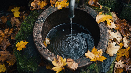 Top view of a dripping tap in a rustic outdoor setting, with water falling into an old metal basin, surrounded by moss and fallen leavesの素材