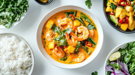 Top view of a colorful Thai feast featuring shrimp tom yum soup, mango sticky rice, and papaya salad on a white table.の素材