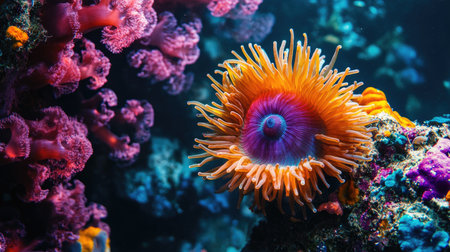 Top view of a colorful sea anemone on the ocean floor, with an empty space on the right side for adding text or promotional information.の素材