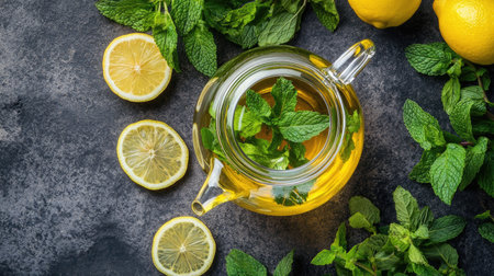 Top view of a glass teapot filled with mint tea, surrounded by fresh mint leaves and a few lemon slices, creating a refreshing summer vibe.の素材