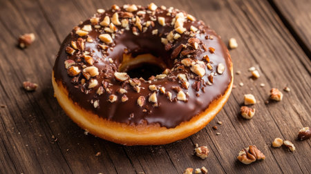 Top view of a glazed donut with a rich chocolate topping and nuts, set on a rustic wooden table with a few crumbs.の素材