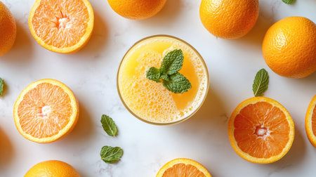 Top view of a glass of orange juice with a mint leaf garnish, surrounded by whole and sliced oranges on a light marble surface.の素材