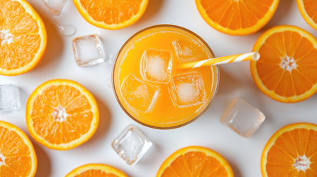 Top view of a glass of freshly squeezed orange juice with ice cubes, surrounded by sliced oranges and a straw on a white table.の素材