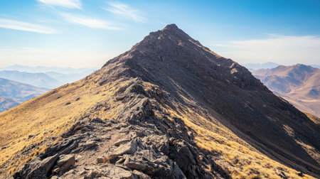 Top view of a dramatic mountain peak with a large, clear sky above, providing ample copy space for headlines, logos, or promotional text.の素材