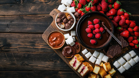 Top view of a delicious chocolate fondue with an assortment of dipping fruits, marshmallows, and cake pieces on a wooden boardの素材