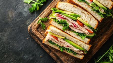 Top view of a gourmet sandwich with layers of turkey, avocado, and fresh veggies, served on a rustic wooden board.の素材