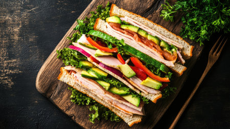 Top view of a gourmet sandwich with layers of turkey, avocado, and fresh veggies, served on a rustic wooden board.の素材