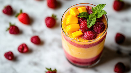 Top view of a layered mango and strawberry smoothie in a clear glass, with a garnish of mint leaves, placed on a marble table with scattered berries.の素材