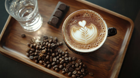 Top view of a latte art coffee with a glass of water, surrounded by coffee beans and a small chocolate on a wooden coffee tray.の素材