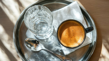 Top view of a hot Americano and a glass of sparkling water, placed on a metal tray with a spoon and napkin on a light wooden surface. -の素材