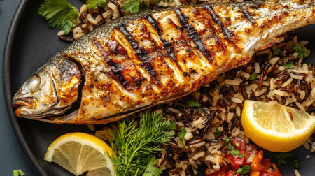 Top view of a grilled fish platter with lemon and dill seasoning, accompanied by a side of wild rice and a few fresh herbs.の素材
