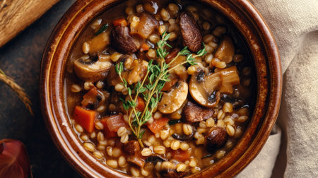 Top view of a hearty mushroom and barley stew, garnished with fresh thyme and served in a rustic ceramic bowl.の素材
