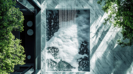 Top view of a luxury shower room with marble floors, a wall-mounted rain shower, and water flowing onto the floor, surrounded by glass panels.の素材