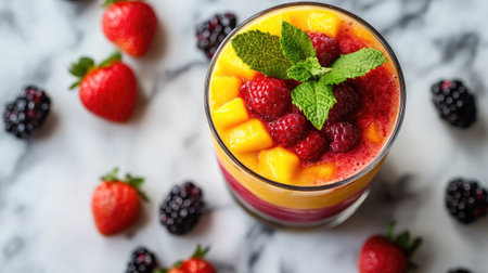 Top view of a layered mango and strawberry smoothie in a clear glass, with a garnish of mint leaves, placed on a marble table with scattered berries.の素材