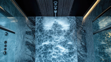 Top view of a luxury shower room with marble floors, a wall-mounted rain shower, and water flowing onto the floor, surrounded by glass panels.の素材