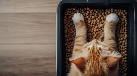 Top view of a litter box with a cat head and paws visible, leaving the rest of the image open for copy or branding on the side.の素材