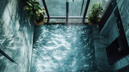 Top view of a luxury shower room with marble floors, a wall-mounted rain shower, and water flowing onto the floor, surrounded by glass panels.の素材