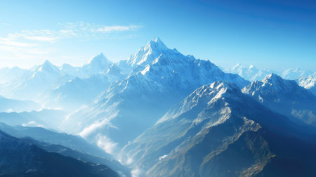 Top view of a majestic mountain range with snow-capped peaks, surrounded by layers of mist and a deep valley below, under a clear blue sky.の素材