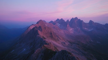 Top view of a mountain ridge at dusk, with the sky turning pink and purple, leaving ample room for copy space above the peaks.の素材