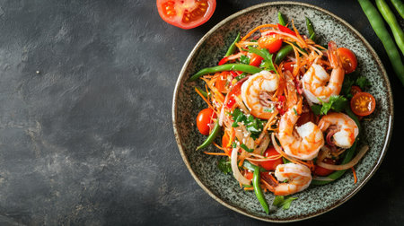Top view of a papaya salad with shrimp, tomatoes, and long beans, placed on a ceramic plate with space for text around the edges.の素材