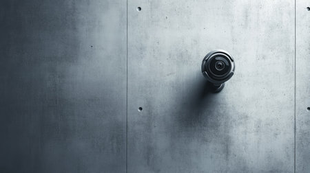 Top view of a modern CCTV camera on a blank concrete wall, with plenty of space above for copy, perfect for security-related ads. -の素材