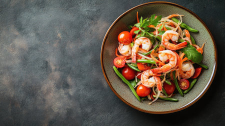 Top view of a papaya salad with shrimp, tomatoes, and long beans, placed on a ceramic plate with space for text around the edges.の素材