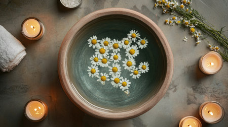 Top view of a luxurious bath pot filled with warm water and floating chamomile flowers, surrounded by candles and bath salts for a relaxing soak.の素材