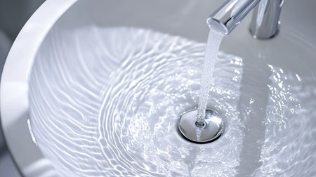 Top view of a modern chrome tap with water flowing into a white ceramic sink, creating ripples on the surface, with soft lighting and a minimalist bathroom aesthetic.の素材