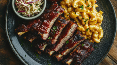 Top view of a plate of roasted pork ribs with a sweet and tangy barbecue sauce, served with a side of creamy mac and cheese and coleslaw.の素材