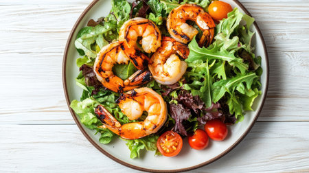 Top view of a plate of grilled shrimp with a side of fresh salad, including mixed greens and cherry tomatoes, on a light wooden table.の素材