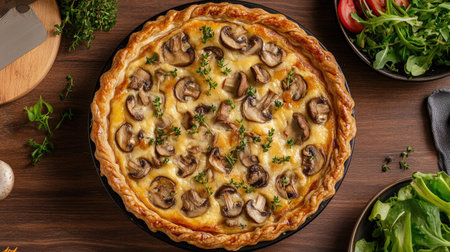 Top view of a savory mushroom pie with a golden crust and mushrooms visible, served on a wooden table with a side of salad.の素材