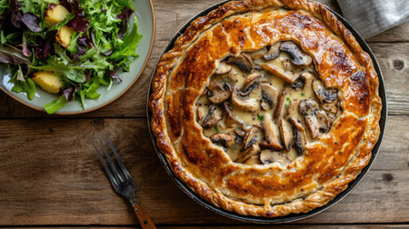 Top view of a savory mushroom pie with a golden crust and mushrooms visible, served on a wooden table with a side of salad.の素材