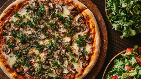 Top view of a pizza topped with mushrooms, cheese, and herbs, served on a wooden pizza board with a side of salad.の素材