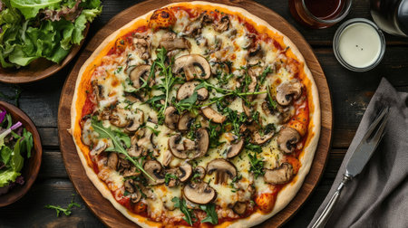 Top view of a pizza topped with mushrooms, cheese, and herbs, served on a wooden pizza board with a side of salad.の素材