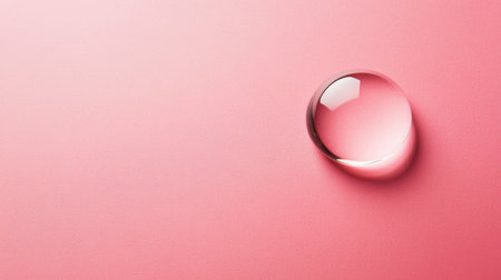 Top view of a single water droplet on a colored surface, with ample blank space surrounding it for copy or branding.の素材