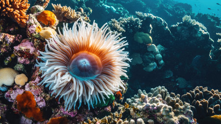 Top view of a sea anemone on a coral reef, with a clean area around it providing plenty of room for copy or branding.の素材